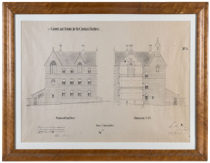 "Convent and Schools for the Christian Brothers" elevated architectural view, scale: 1/8 inch to a foot, framed and mounted in birdseye maple, 62cm x 80cm