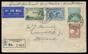AUSTRALIA: KGV Heads - Small Multiple Watermark Perf 13½ x 12½: 1/4 Greenish-blue, in combination with 2/- Maroon Roo (SMwmk), 3d green Air + 3d K.Smith on May 1931 registered flown cover from CAMBERWELL to HOLLAND, carried on the first extended route fl