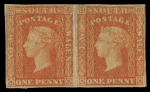 NEW SOUTH WALES: 1856-60 (SG.108) 1d carmine-vermilion, Imperforate horizontal pair with good-to-close margins. Delightful, fresh Unused condition. (2). Cat.£800.