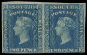 NEW SOUTH WALES: 1856-60 (SG.110) 2d blue, Imperforate horizontal pair with large-to-close margins. Delightful, fresh Mint o.g. condition. (2). Cat.&pound;700.