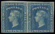 NEW SOUTH WALES: 1856-60 (SG.110) 2d blue, Imperforate horizontal pair with large-to-close margins. Delightful, fresh Mint o.g. condition. (2). Cat.£700.