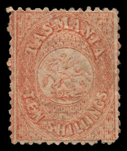 TASMANIA: Postal Fiscals: 1863-80 (SG. F17) 10/- salmon Perf.12 George & the Dragon, inverted numeral '1' watermark, mint, large-part o.g, Cat £500.