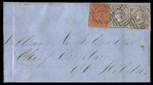 VICTORIA - Postal History: 1860 (Oct.29) Germain Nicholson cover from Geelong with Rouletted 2d violet Emblems on horizontally laid paper SG.70 (2) and 4d Beaded Oval cancelled by fine strikes of BN '2', Geelong, Melbourne & St Kilda (arrival) transit ba