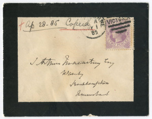 VICTORIA - Postal History: 1885 (May 1) Macartney mourning cover from Melbourne with 2d lilac SG.298 with DOUBLE PERFS at right tied by duplex cancel, on reverse BRISBANE, MARYBOROUGH & ROCKHAMPTON (arrival) transit backstamps. Unusual.