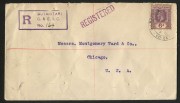GILBERT & ELLICE ISLANDS: 1933 (Mar.) registered Montgomery Ward cover with KGV 6d SG.19 tied by double-circle "BUTARITARI/P.O./COLONY" datestamp, boxed registration handstamp, on reverse typed sender's address, REGISTERED SYDNEY transit & CHICAGO arriva