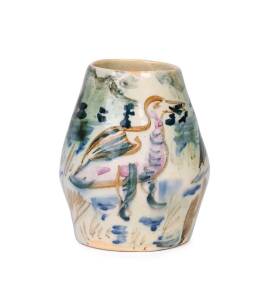 PETER and VALERIE HERBST Murrumbeena Pottery Melbourne, circa 1950 Extremely rare pottery vase, hand painted with ducks in landscape hand signed "Val.Peter Herbst". 9.5cm high.