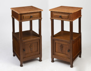 A pair of French bedside cabinets, oak with marble tops, early 20th century, ​88cm high, 41.5cm wide, 41.5cm deep