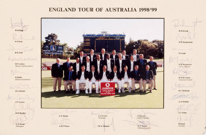 1998-99 ENGLAND TEAM, official team photograph, with title "England Tour of Australia 1998/99" and players names printed on mount, signed to mount by entire team, with 24 signatures including Alec Stewart (captain), Mark Butcher, Darren Gough & Dean Headl