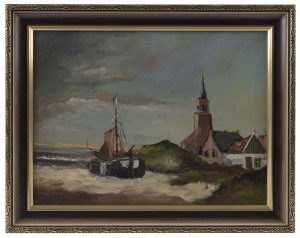 DUTCH SCHOOL (Fishing village scene), oil on canvas, 20th Century,
