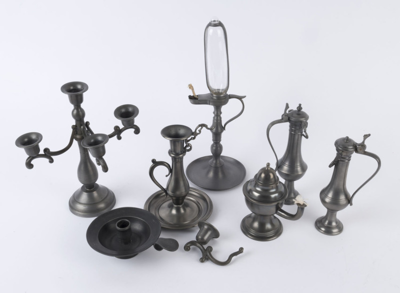 Dutch pewter oil lamps, candelabra, candle holder and jugs, 20th century, (7 items), the largest 34cm high