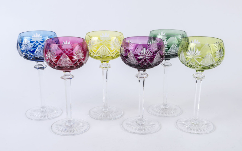VAL ST. LAMBERT set of six French coloured cut crystal wine glasses, 20th century, engraved "Val St. Lambert", 18cm high