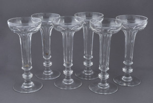 A set of six faceted crystal champagne flutes with hollow stems, most likely Bohemian, early 20th century, 17cm high