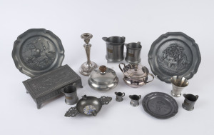 Pewter box, graduated set of measures, plates, beaker, lidded bowl, silver plated candle stick and sugar basin, 20th century, (15 items), the candlestick 19cm high