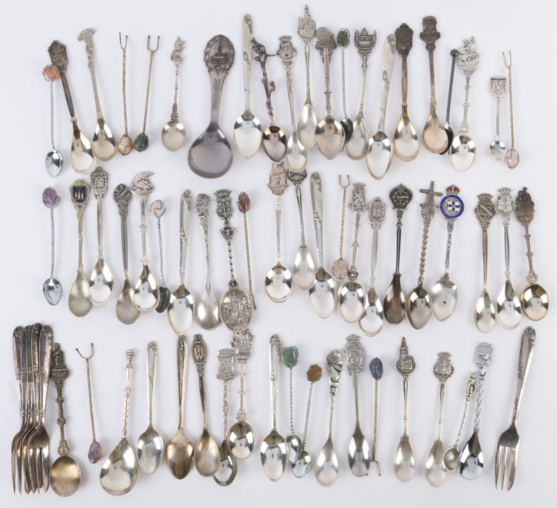 Collection of souvenir tea spoons, cocktail forks, cake forks and spoons, silver and silver plate, 20th century, (67 items),