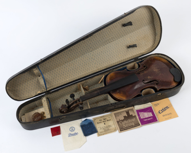 A ¾ size antique violin bearing the label "Jacobus Stainer", Bohemian, 19th century, in a period coffin case, ​59cm long