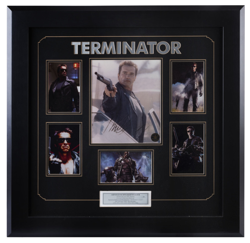 ARNOLD SCHWARZENEGGER - "THE TERMINATOR" - Display featuring six images from the the iconic 1984 film, the central image (24 x 19.5cm) signed by Schwarzenegger, commemorative plaque beneath celebrating his career highlights; "Superstars & Legend" CofA,