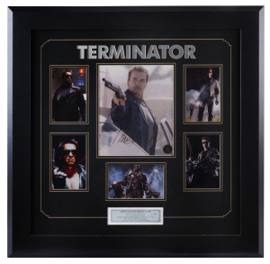 ARNOLD SCHWARZENEGGER - "THE TERMINATOR" - Display featuring six images from the the iconic 1984 film, the central image (24 x 19.5cm) signed by Schwarzenegger, commemorative plaque beneath celebrating his career highlights; "Superstars & Legend" CofA, 