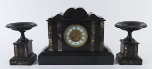 A French black slate and marble clock set, time and strike movement, 19th century, (3 items), 32cm high