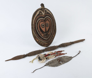 Tribal arm band, neck ornament, gopi board and shark tooth club, Papua New Guinea and Pacific Islands, (4 items), ​the club 100cm long