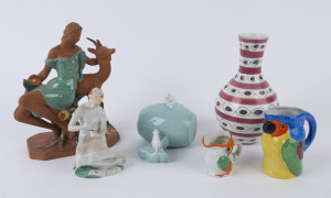 Italian pottery statue, Swedish pottery vase, two Japanese porcelain bird jugs, a Japanese porcelain mouse statue and a European porcelain statue of a woman, 20th century, (6 items), the vase 21.5cm high