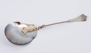 A Norwegian silver server with natural shell bowl, 19th century, stamped "G.H. 830", ​25cm long