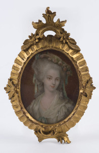 A French antique portrait miniature of a lady a fine rococo gilt wood frame, 19th century, 12cm high overall