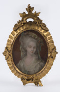 A French antique portrait miniature of a lady a fine rococo gilt wood frame, 19th century, ​12cm high overall