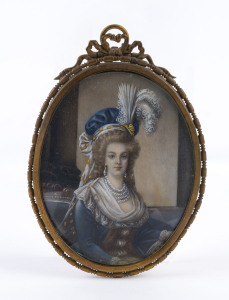 A fine French miniature portrait of a lady with ostrich plume hat, 19th century, 10cm high overall