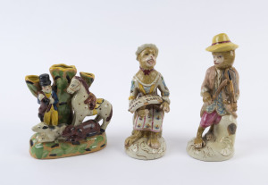A pair of Staffordshire style porcelain statues and a vase, late 20th century, the largest 26cm high