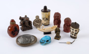 Four assorted scent and opium bottles, scarab beetle faience seal, Chinese bone boat ornament, and five assorted ornaments, 20th century, (11 items), the largest 10cm high
