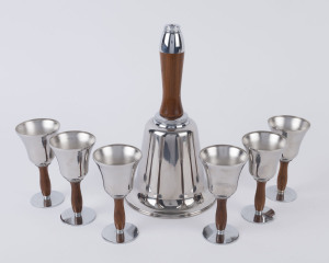 An American Art Deco "Town Crier" seven piece bell shaped cocktail set, chrome and walnut, circa 1937, invented by Bruce de Montmorency the bell rings when shaken. 29cm high