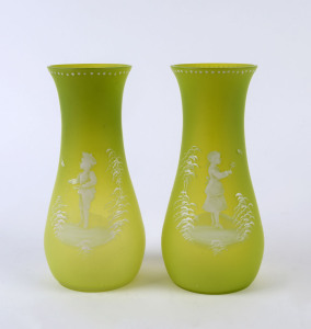 A pair of Mary Gregory mantel vases, rare lime satin glass with hand-painted finish, 19th century, 24cm high