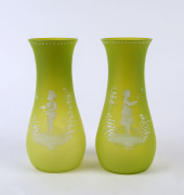 A pair of Mary Gregory mantel vases, rare lime satin glass with hand-painted finish, 19th century, ​24cm high