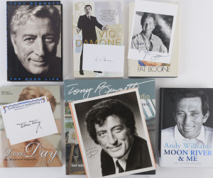 AMERICAN "CROONER" & EASY LISTENING PERFORMERS - BOOKS AND AUTOGRAPHS: selection with hardbound Pat Boone "A New Song" (1970) with autograph on black & white photo and wife Shirley Boone''s signature on front end paper, Tony Bennett "The Good Life" (1998)