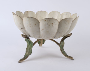 An Italian enamel metal fruit bowl in the form of a lotus, 20th century, 25cm high, 38cm diameter