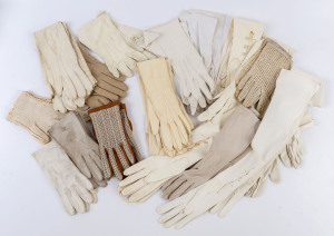 Ladies glove collection comprising 17 pairs including fine full length kid gloves with pearl buttons, three quarter evening gloves and driving gloves, 20th century,