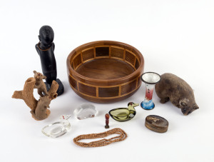 Agate seal and snuff box, glass ornaments, necklace, wooden bowl, pottery animals and statue, 19th and 20th century, (10 items), the statue 19cm high