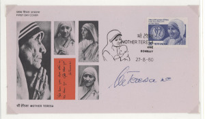 MOTHER THERESA: 1980 illustrated first day cover, issued in honour of Mother Theresa, with commemorative postmark tying the stamp, SIGNED BY MOTHER TERESA beneath, also signed by Sir Frank Bishop, former Roman Catholic Archbishop of Melbourne (1974-1996);