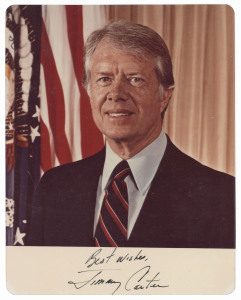 JIMMY CARTER - 39th PRESIDENT OF USA: autograph on large colour photograph (25 x 20cm) signed "Best Wishes, Jimmy Carter", plus another signature on 1955 Australian first day cover celebrating Australian-American Friendship.