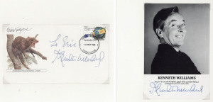 KENNETH WILLIAMS - ACTOR & RACONTEUR: autograph on small publicity photograph (15 x 10cm) for publication "Back Drops" (1983), plus second signature on 1983 first day cover signed "To Eric/Kenneth Williams"; both items neatly presented in display folder. 