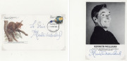 KENNETH WILLIAMS - ACTOR & RACONTEUR: autograph on small publicity photograph (15 x 10cm) for publication "Back Drops" (1983), plus second signature on 1983 first day cover signed "To Eric/Kenneth Williams"; both items neatly presented in display folder.