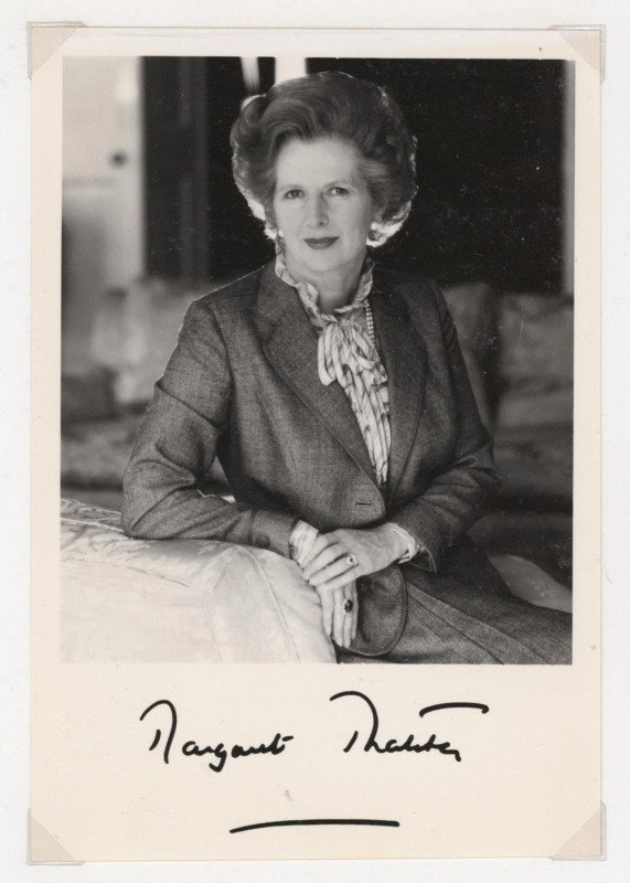 MARGARET THATCHER - FORMER BRITISH PRIME MINISTER: signed black & white photo (16.5 x 11cm) plus another signature on Australian 1981 Commonwealth Heads of Government first day cover, additionally signed by stamp designer Bruce Wetherhead; neatly presente