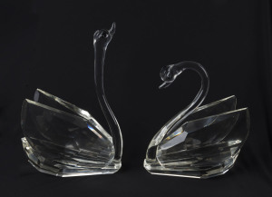 A pair of crystal swan ornaments, 20th century, the largest 34cm high