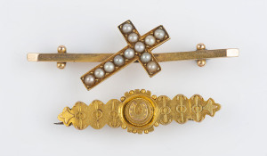 Two antique 15ct gold brooches, one set with seed pearls in crucifix, 19th century, both stamped "15ct", 6.5 grams total