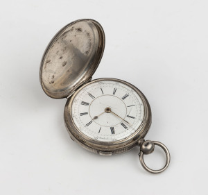 A sterling silver cased gents pocket watch with chronograph split seconds function, movement marked "Ehrhardt, London", 19th century, engraved inside the case "METROPOLITAN ARTILLERY Annual Rifle Trophy Won By Captain W. KELLY, 1882", 7cm high overall
