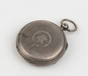 A sterling silver cased gents pocket watch with chronograph split seconds function, movement marked "Ehrhardt, London", 19th century, engraved inside the case "METROPOLITAN ARTILLERY Annual Rifle Trophy Won By Captain W. KELLY, 1882", 7cm high overall - 2