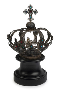 Antique French "Infant Of Prague" silver filigree crown with rhinestones, 19th century, later wooden plinth, ​25cm high overall