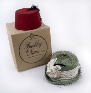 A ladies dress hat in original Buckley & Nunn hat box, early to mid 20th century, plus a Fez, the box 21cm high