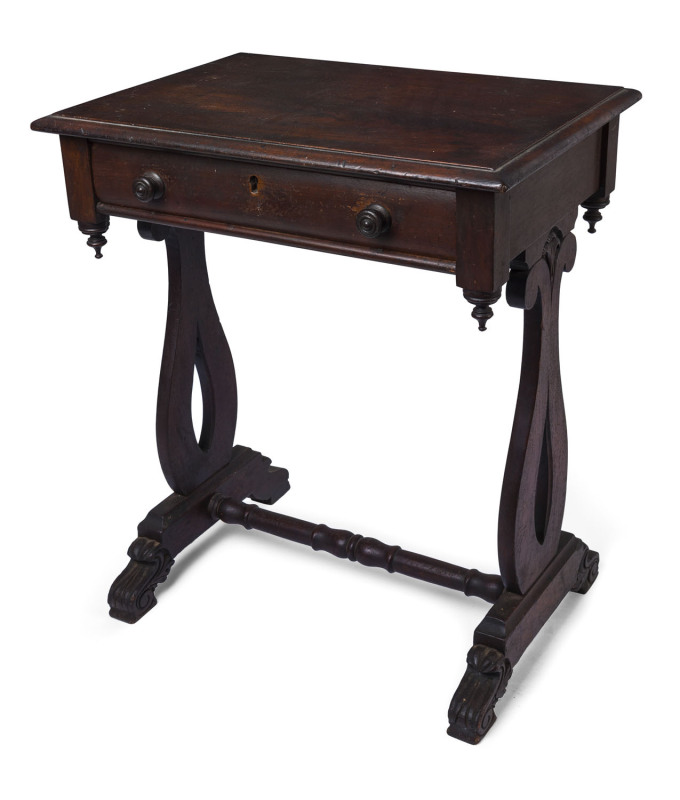 An early Australian Colonial lyre-sided occasional table, cedar and Baltic pine, South Australian origin, circa 1845, 71cm high, 60cm wide, 42.5cm deep