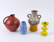 German orange and brown pottery vase, German red glazed ceramic jug, English blue glazed porcelain spiral vase, and a Scandinavian yellow glazed incense burner, mid 20th century, (4 items), the largest 25cm high